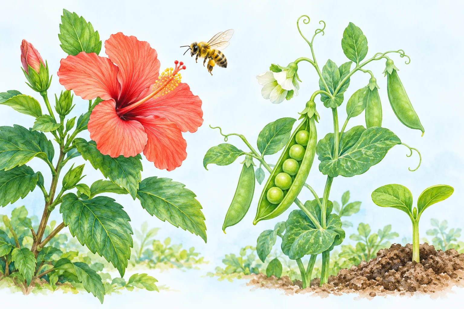 A flowering hibiscus, a bee, pea pods and a young seedling, shown as separate botanical specimens
